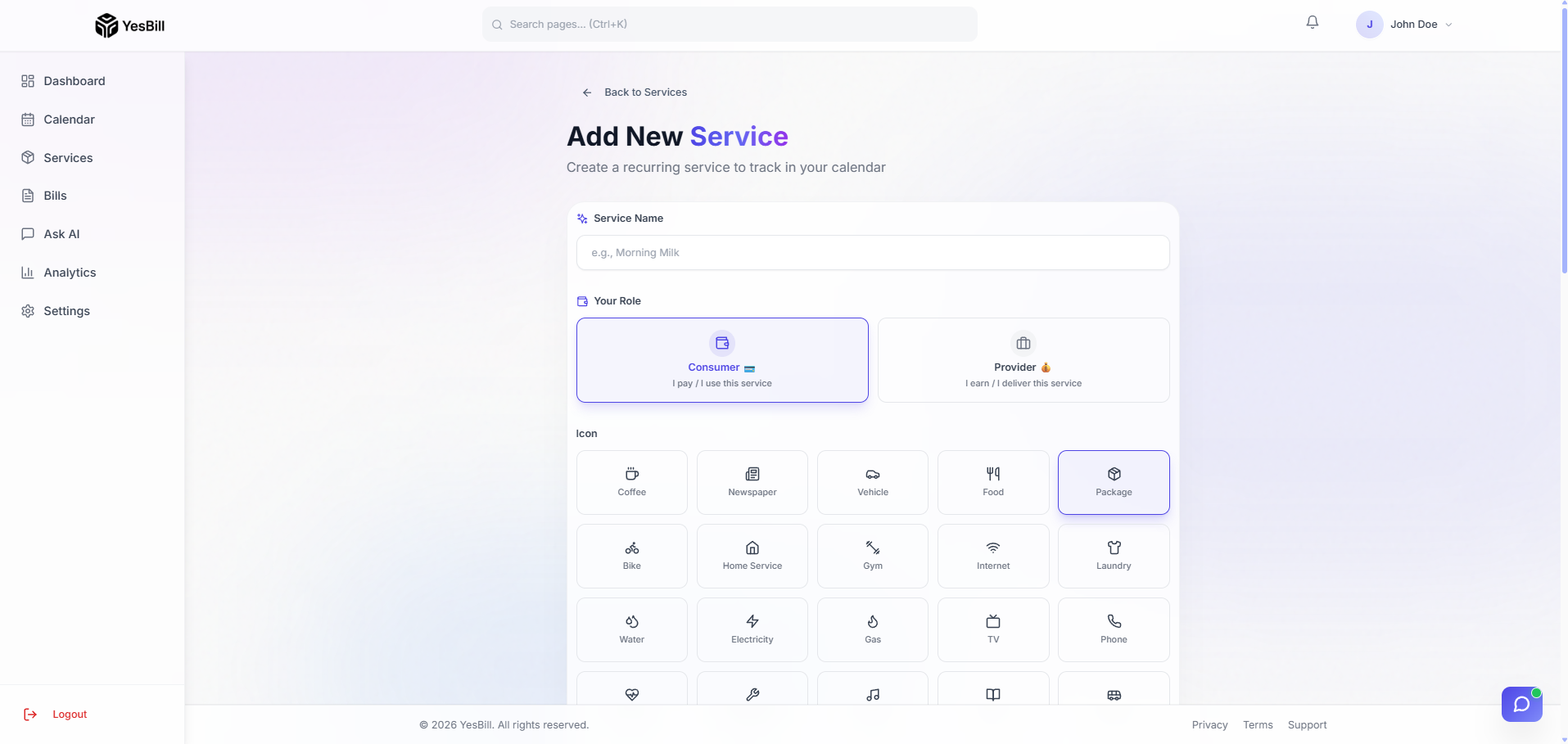 Add service — step 1: open the form