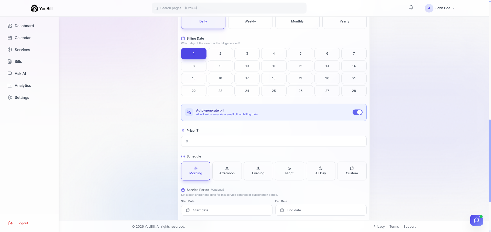 Add service — step 3: billing options
