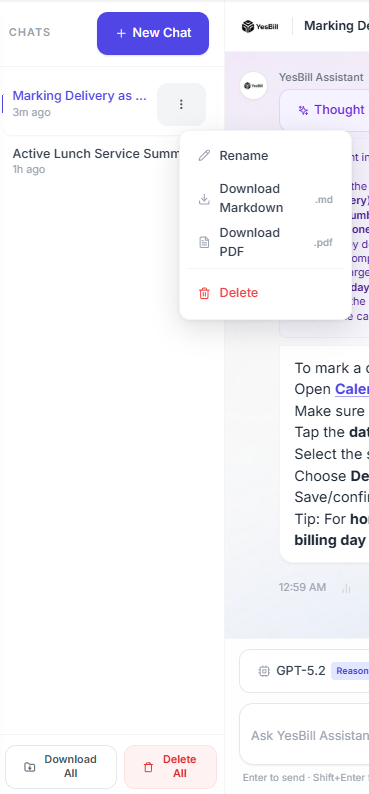 Ask AI conversation options menu