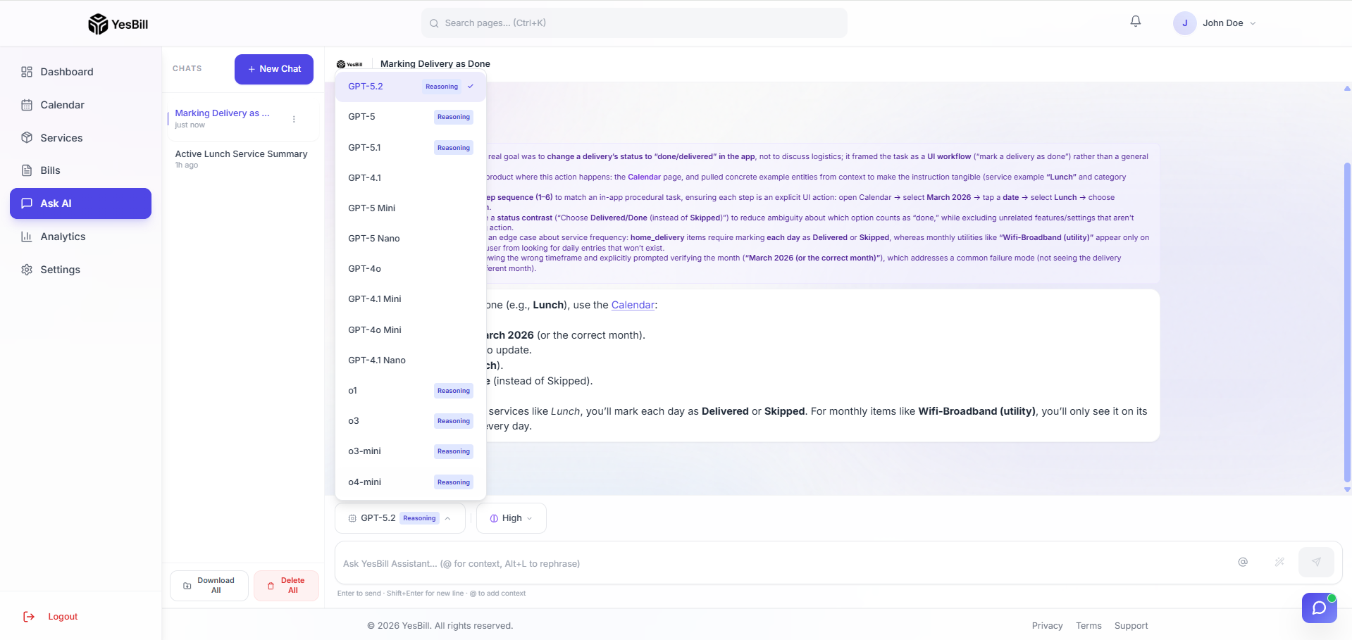 Ask AI model selection dropdown