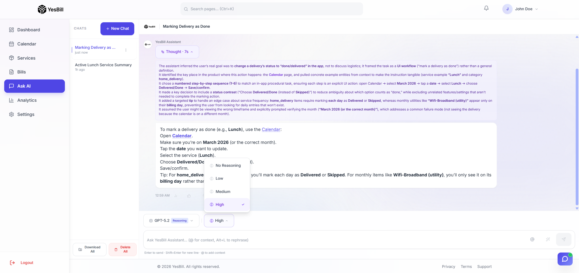 Ask AI reasoning selector