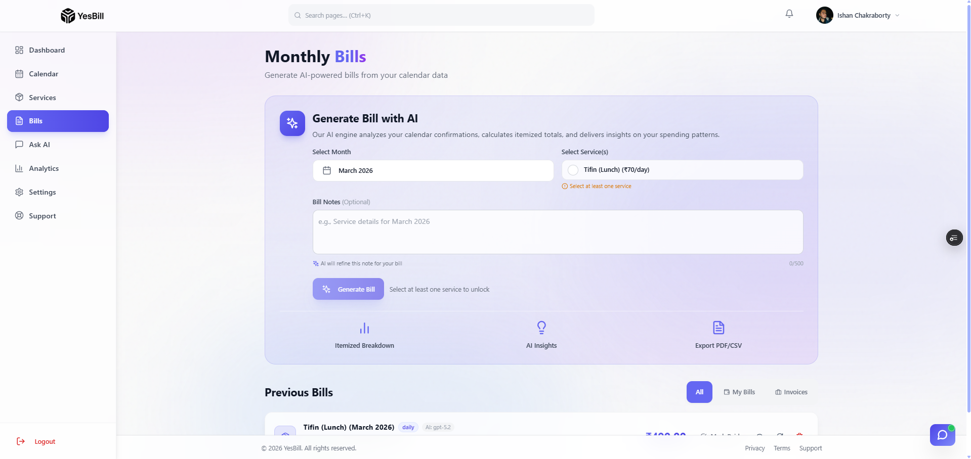 Bills screen with generated bill