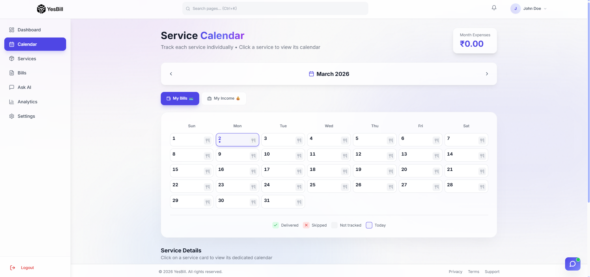 YesBill monthly calendar