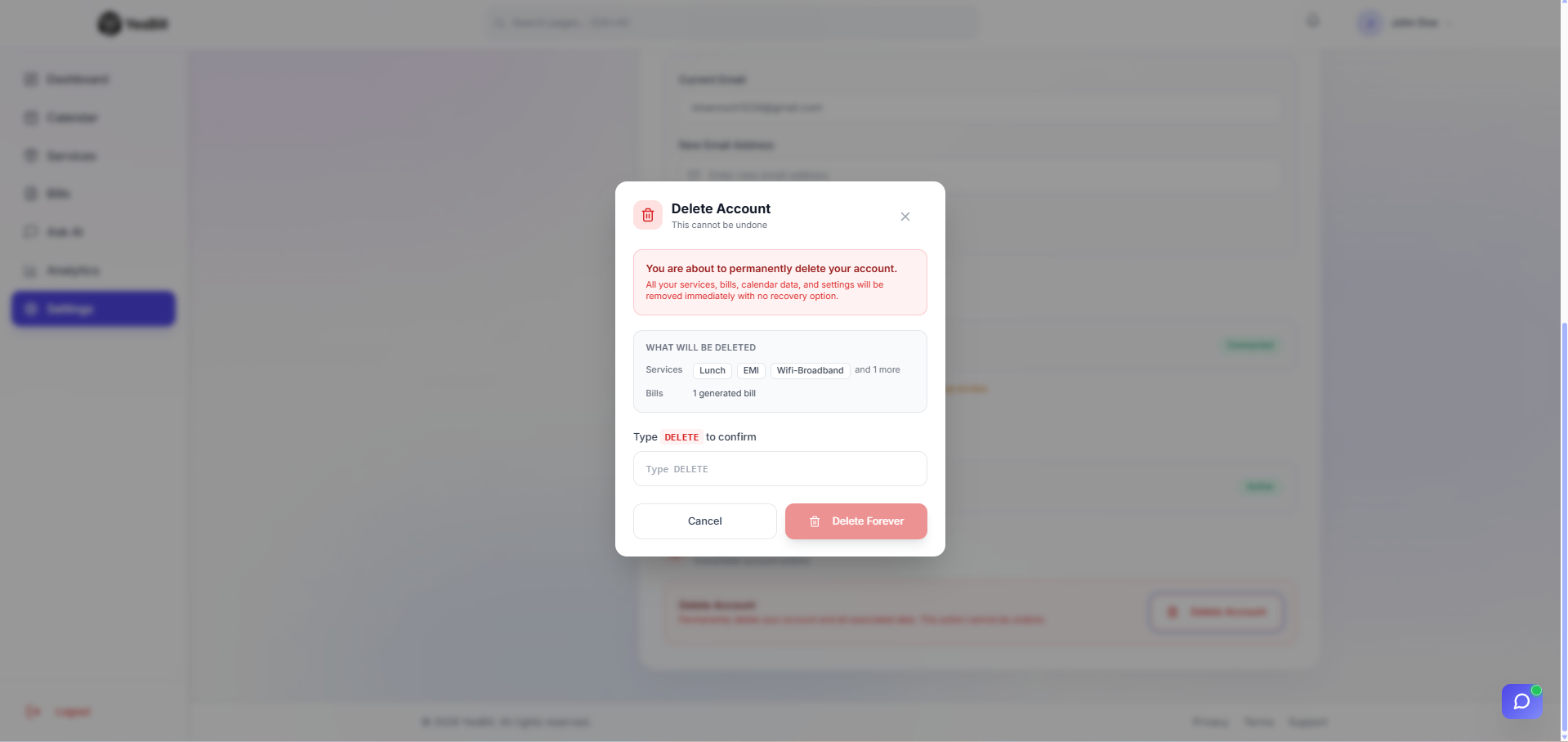 Delete account confirmation dialog