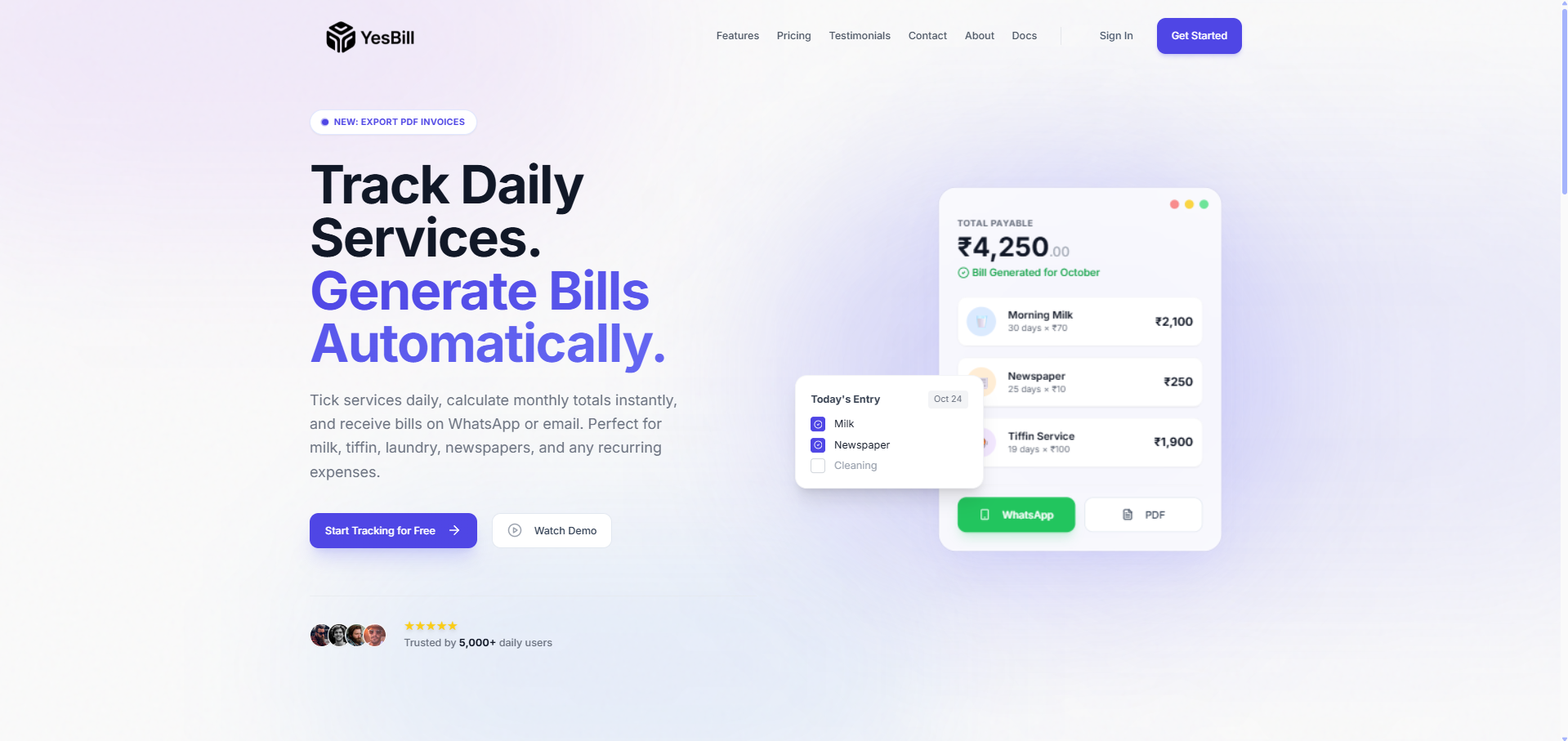 YesBill landing page
