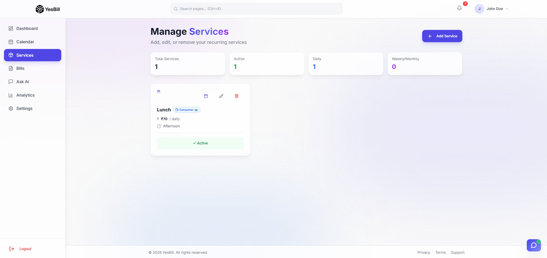 Manage services panel
