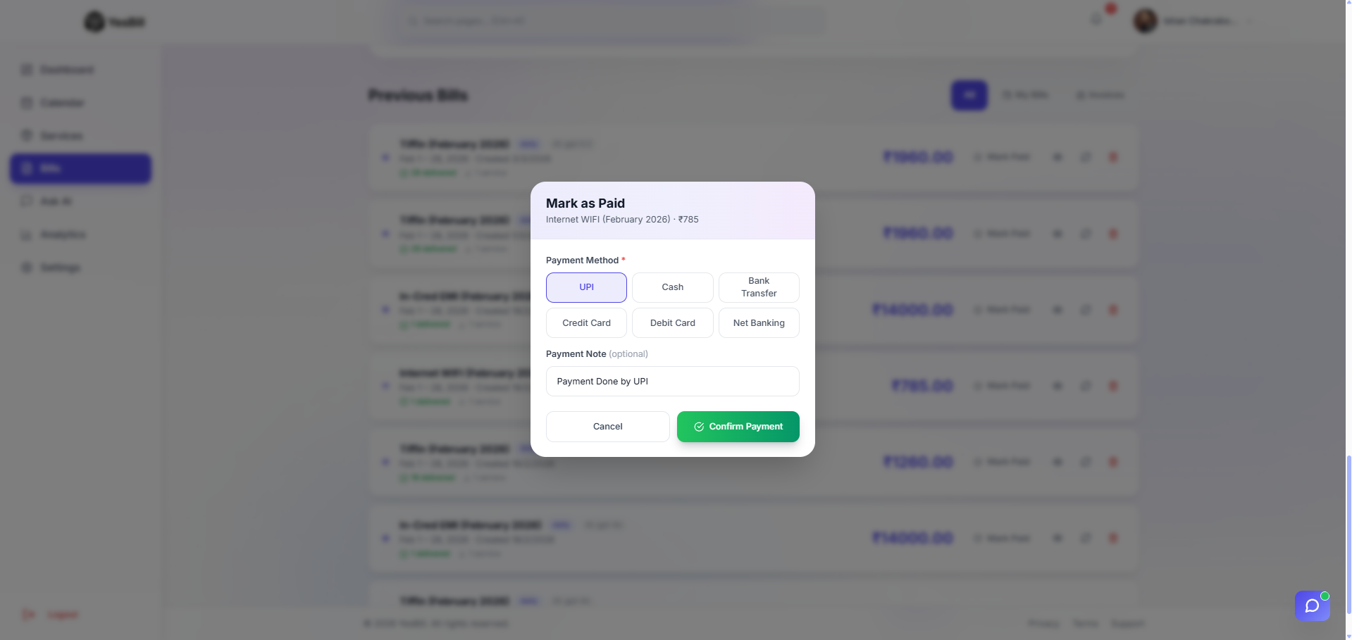 Mark as paid confirmation modal