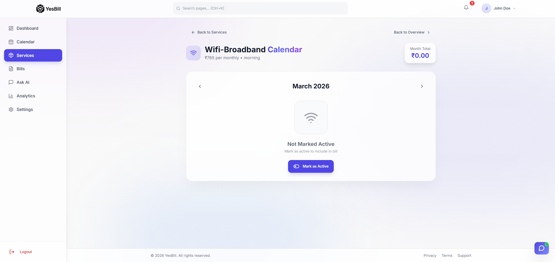 Monthly service calendar overview