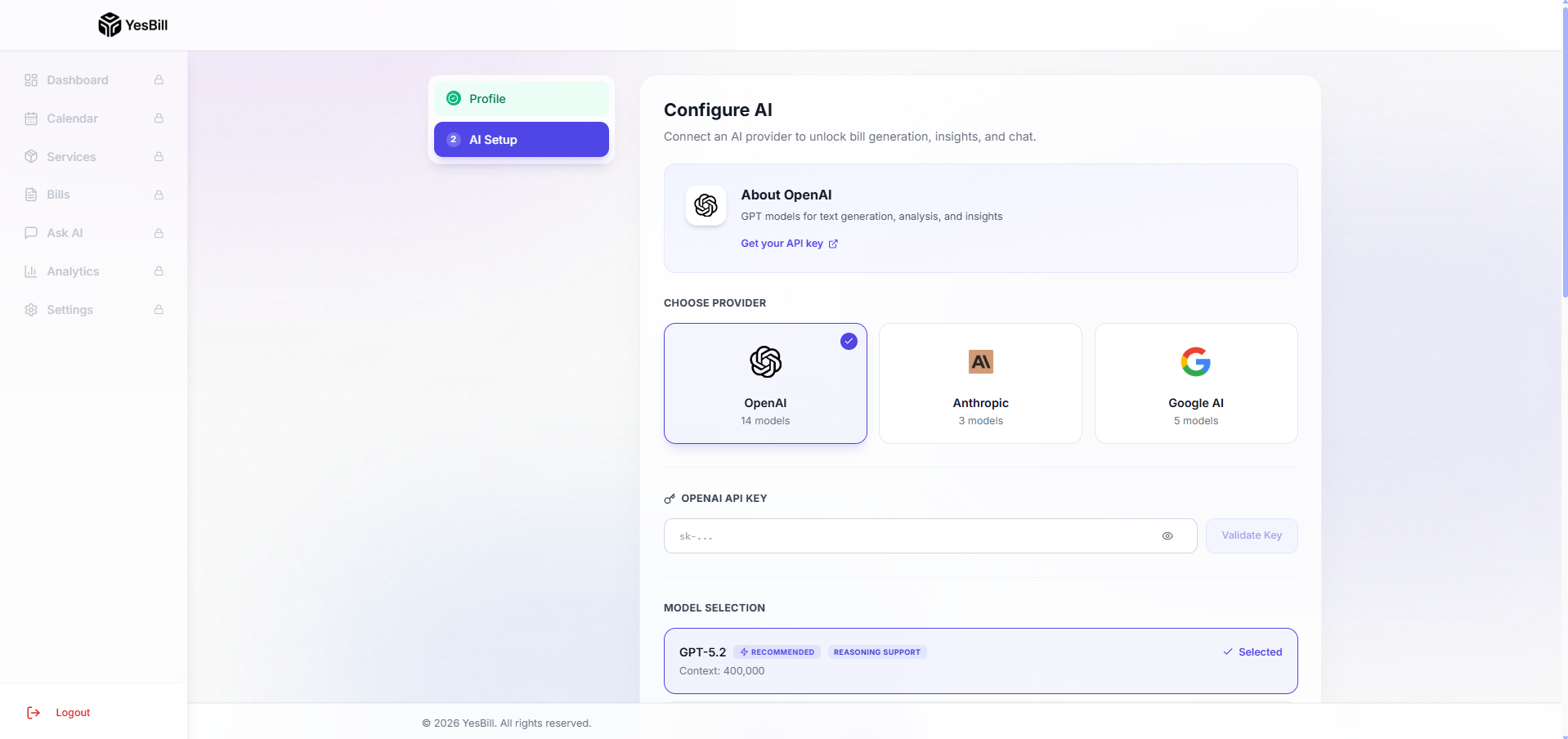 AI provider configuration during onboarding