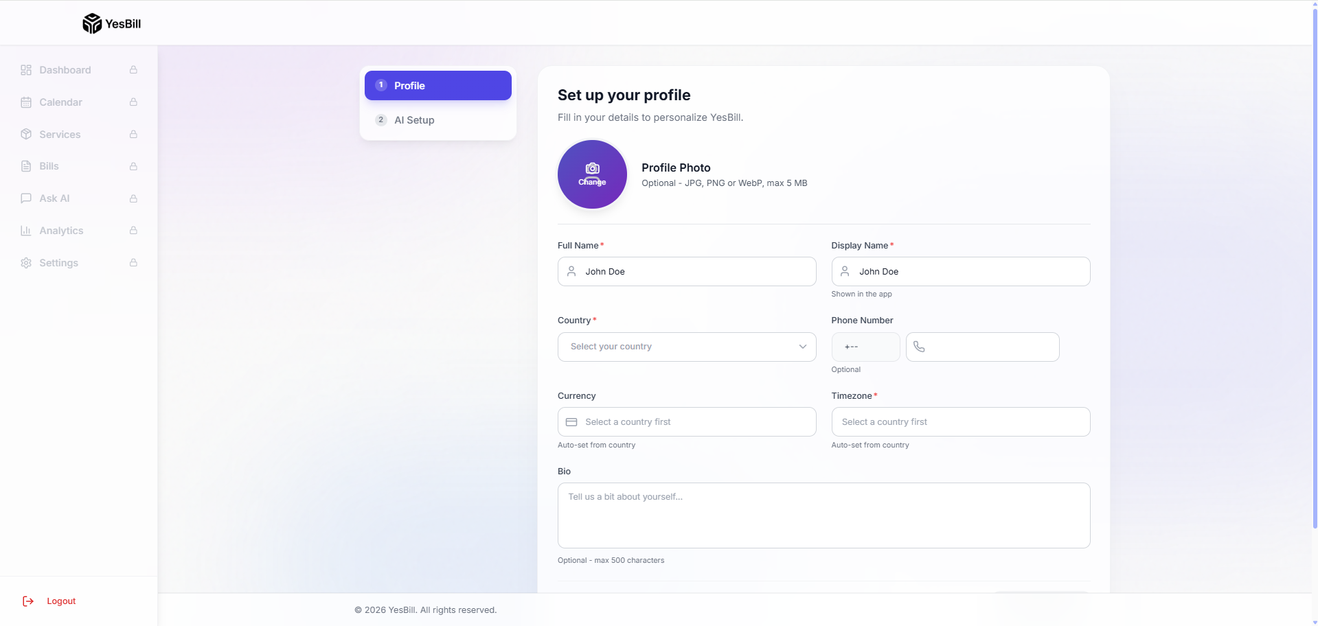 Onboarding profile setup step