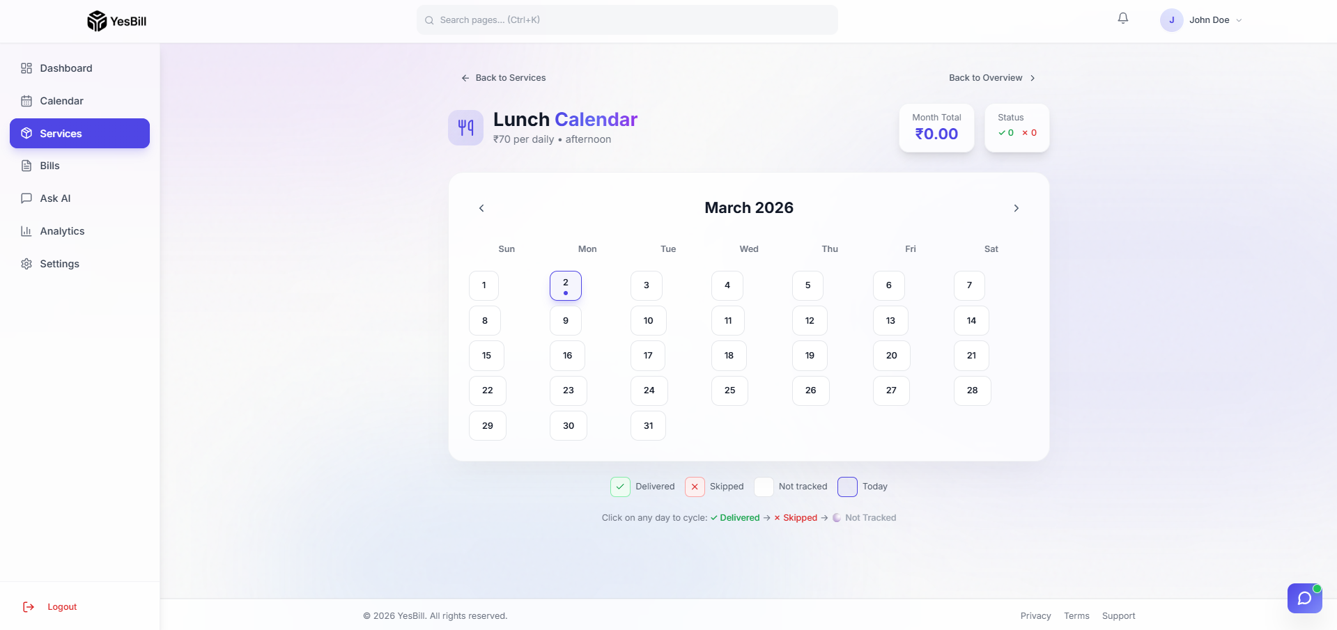 Per-service calendar view