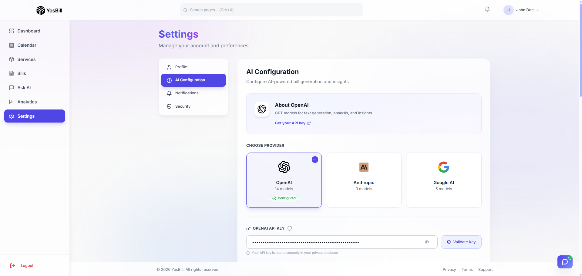 AI Configuration overview in Settings
