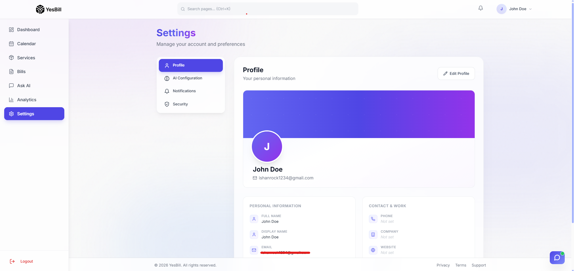 Profile settings page