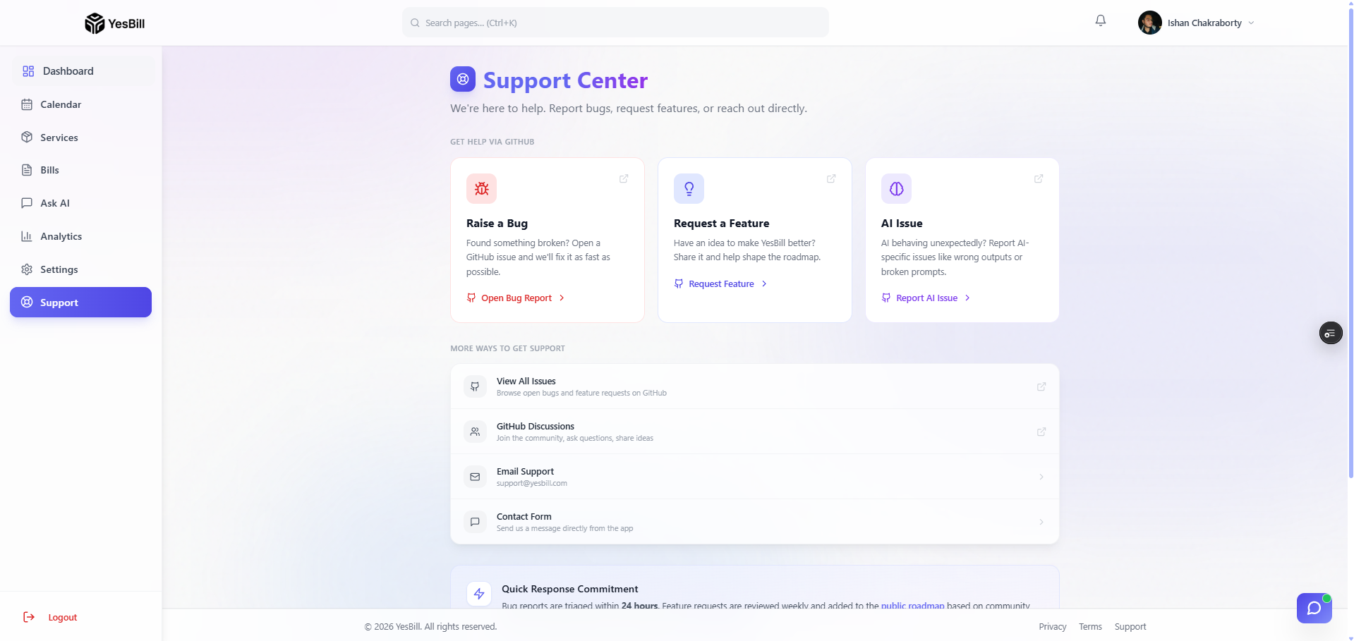 YesBill support screen