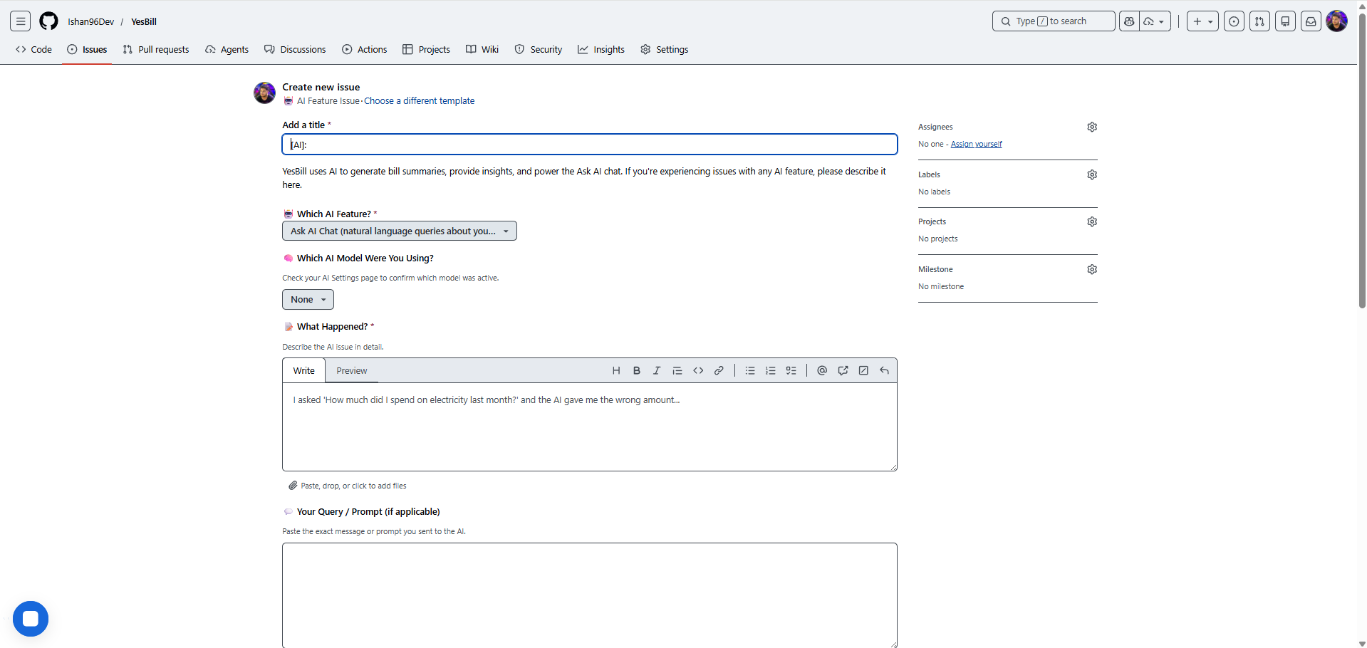 AI feature issue form