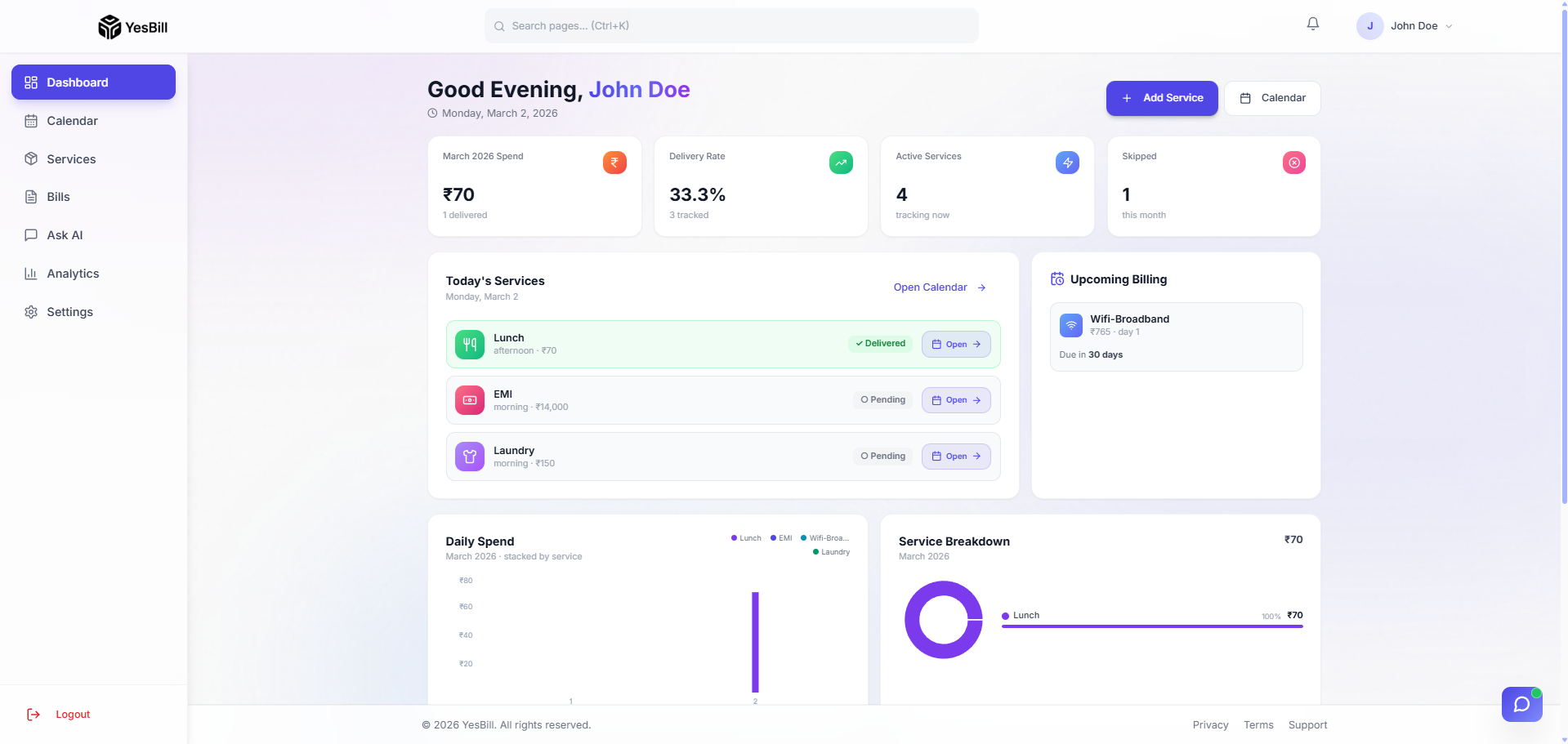 Updated YesBill dashboard