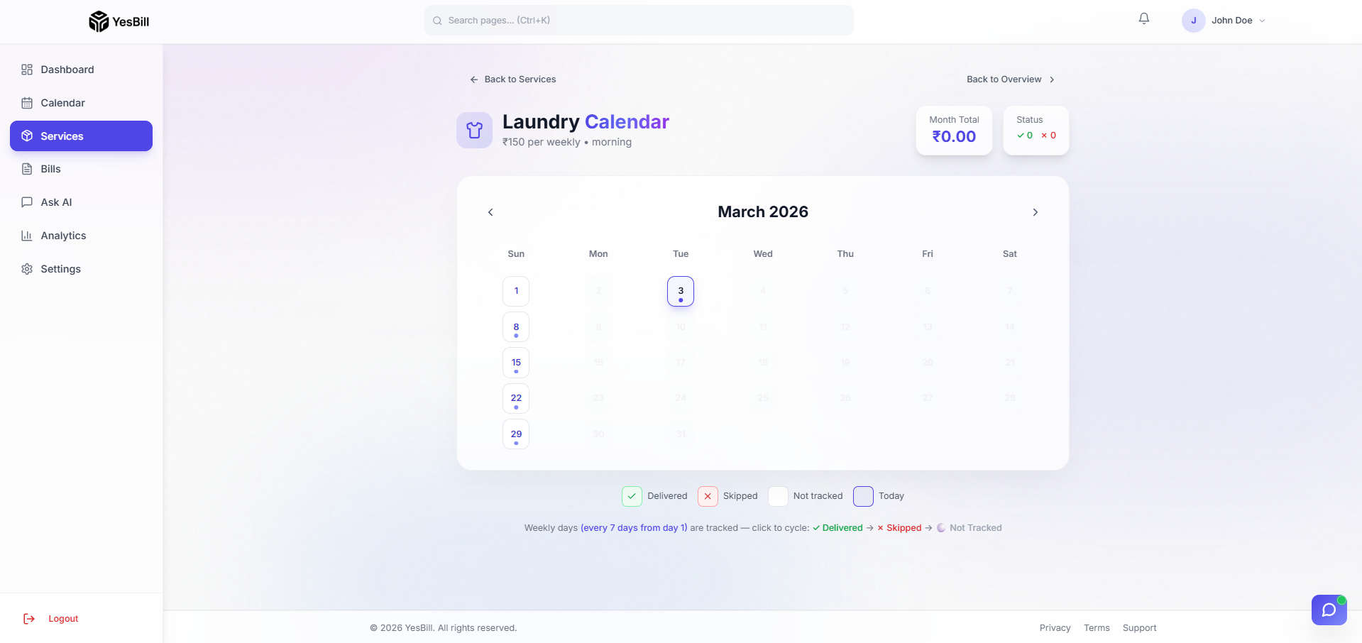Weekly service calendar view