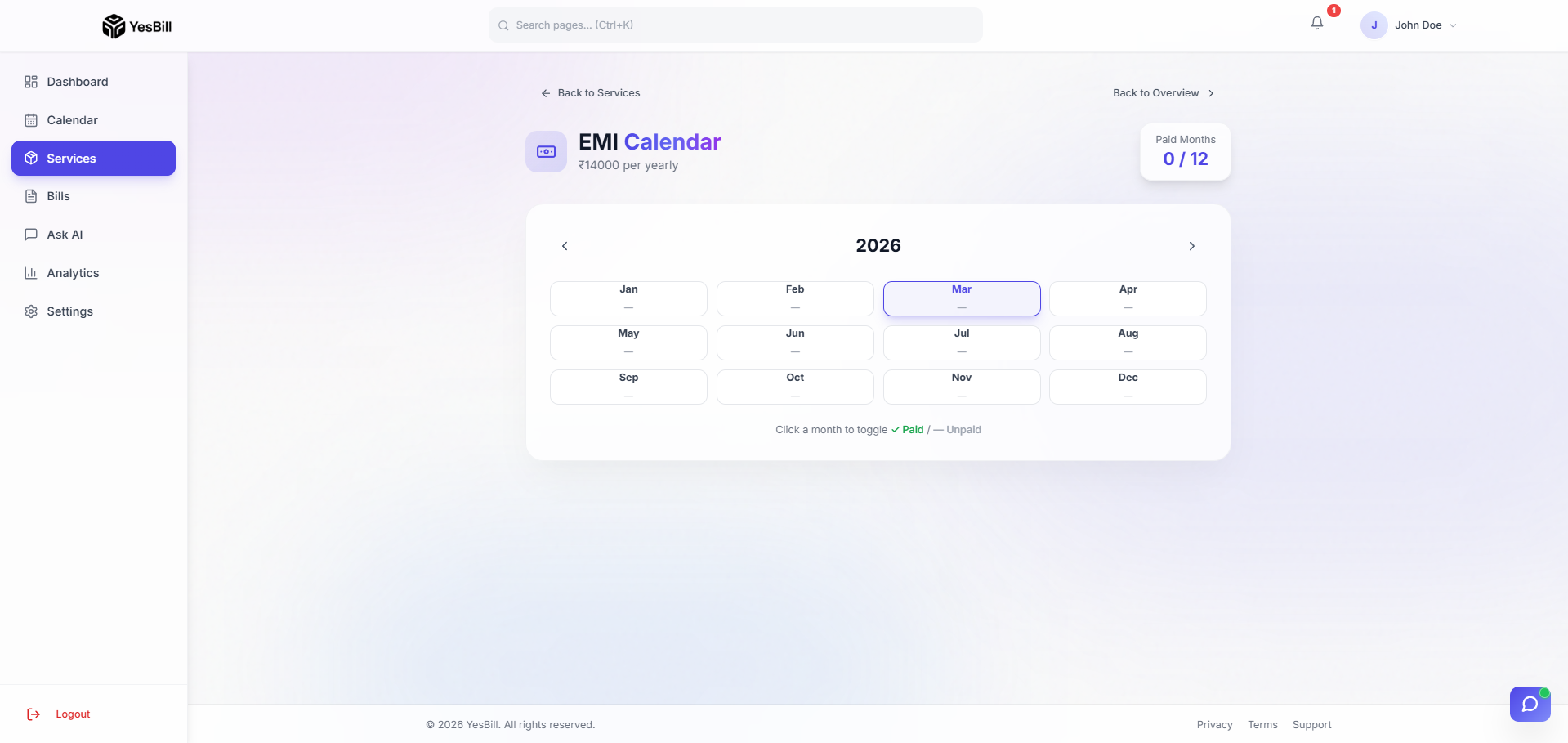 Yearly service calendar view