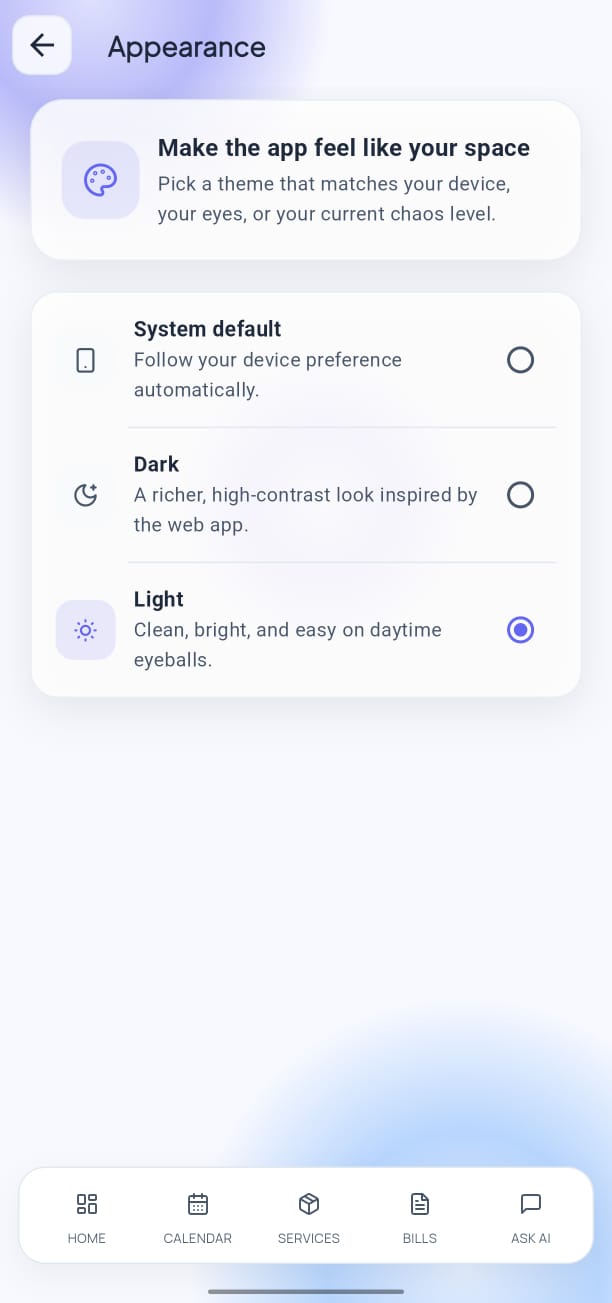 Appearance settings screen