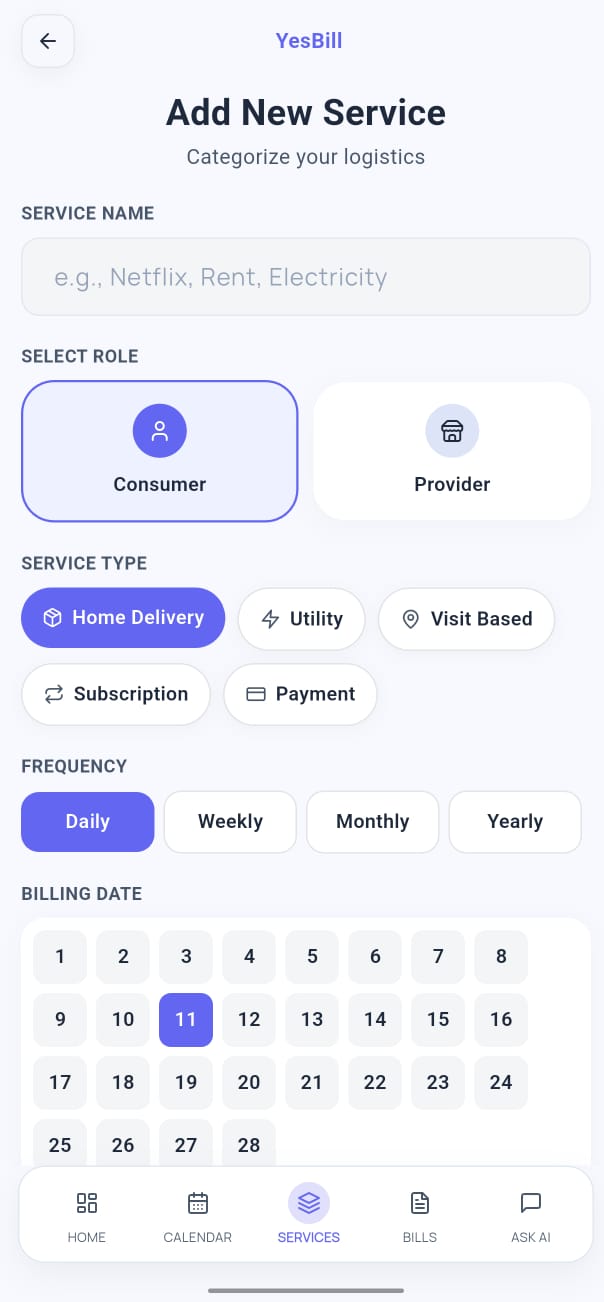 Create service screen