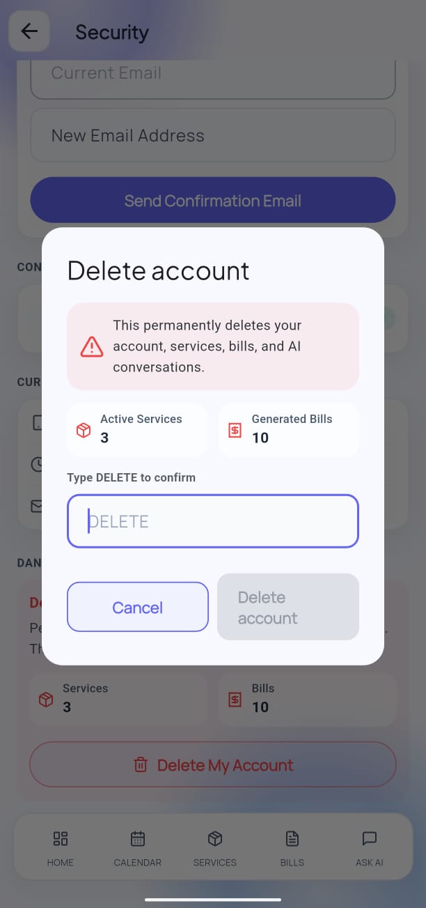 Delete account confirmation