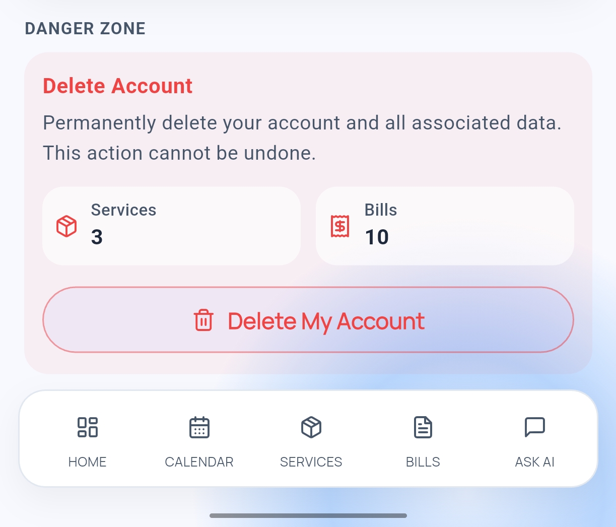Delete account screen