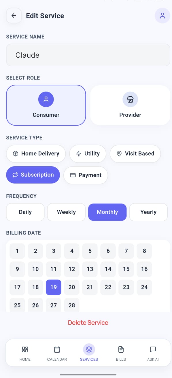 Edit service screen