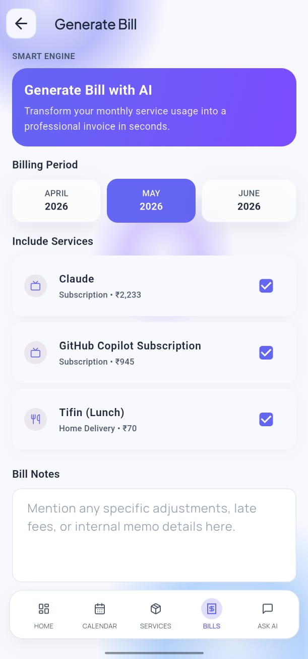 Generate bill screen