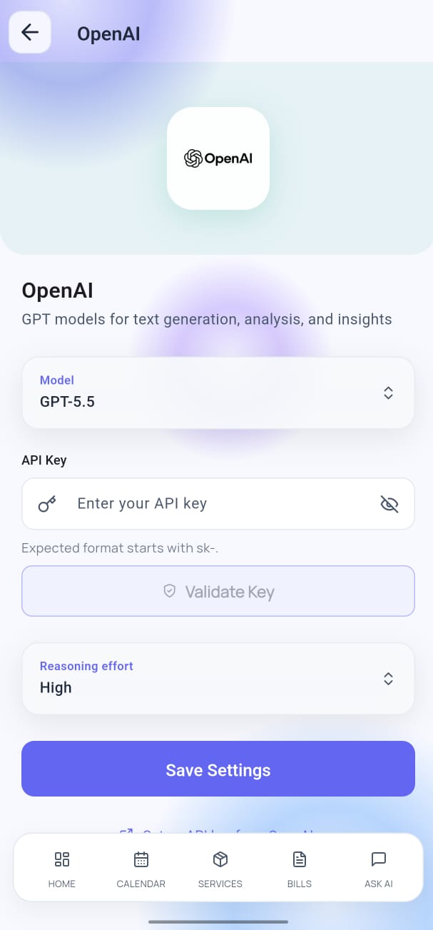 Provider settings screen
