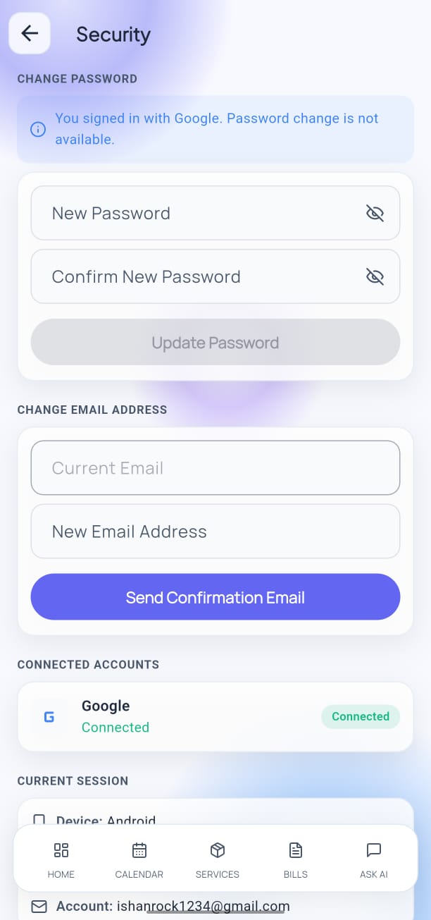 Security settings screen