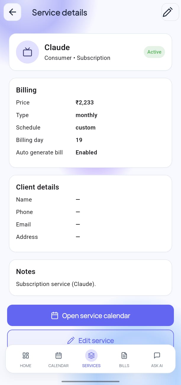 Service details screen