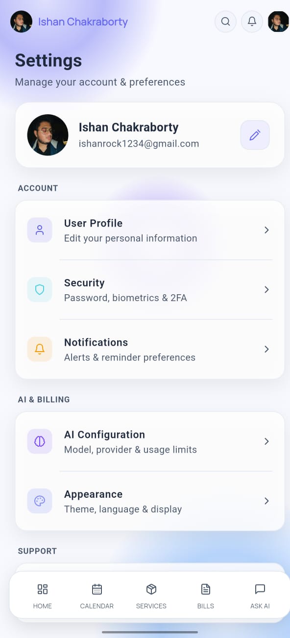 Settings screen